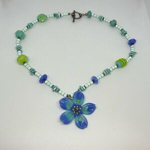 Handmade Blue Glass Flower Pendant Necklace 16”
